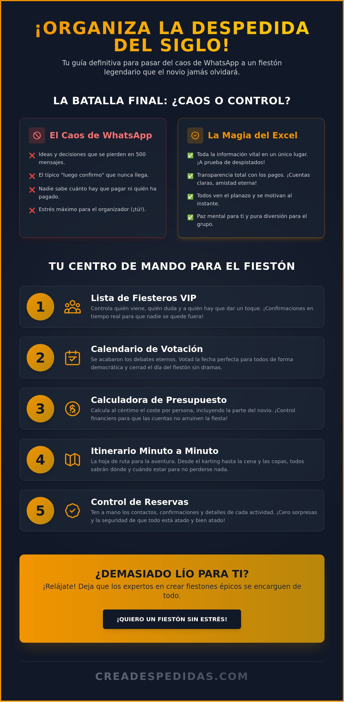 Plantilla Excel para organizar una despedida de soltero legendaria en 2026 - Infographic - Crea despedidas Valencia Plantilla Excel para organizar una despedida de soltero legendaria en 2026